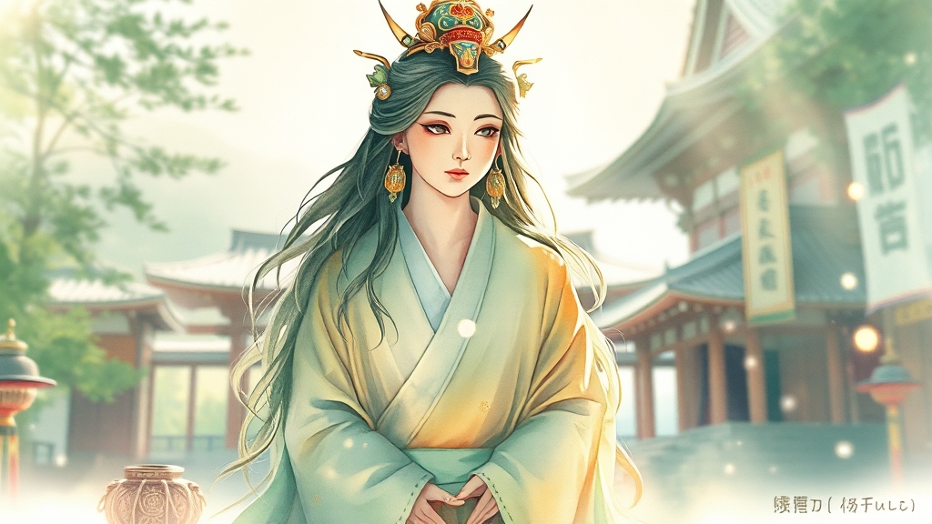 건진 법당의 비밀: 아마테라스 숭배와 정치적 논란 2 아마테라스: 태양의 여신 (watercolor 스타일)